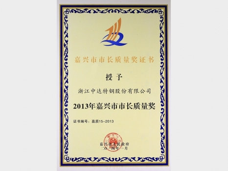 嘉兴市市长质量奖证书